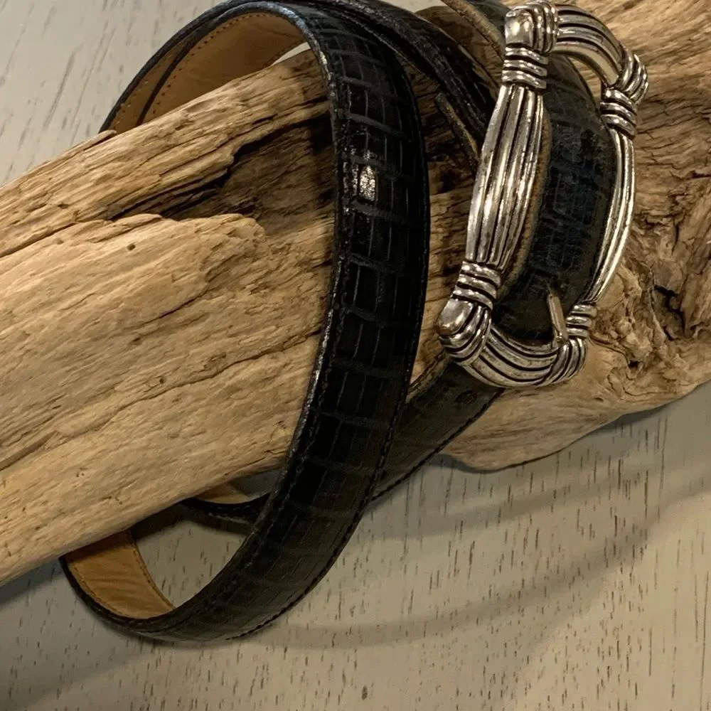 Brighton Black Croc-Embossed Belt with Silver Buckle